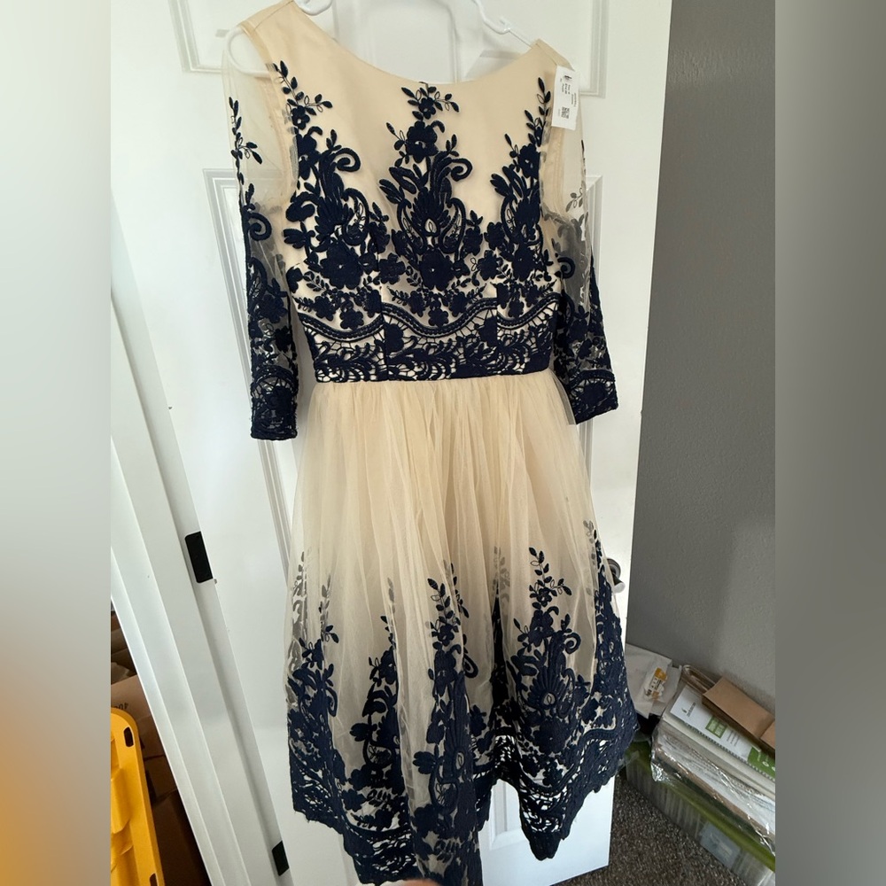 Elegant Navy Floral Embroidered Illusion Dress - Women's